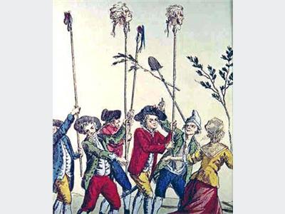 Pöbeln bär de Launays huvud spetsat på pikar genom Paris gator